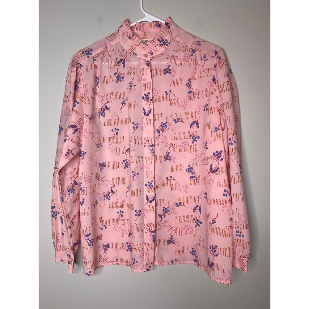 1960s Ruggeri Petal Pink Blue Floral Oriental Feminine Coquette Ruffle Shirt XL